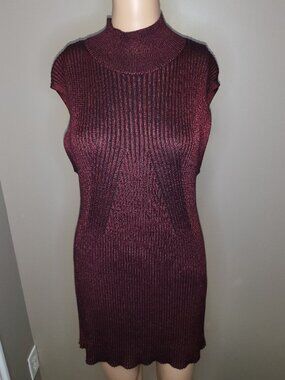 Women's Medium Burgundy & Black Ribbed Mock Neck Sweater Dress Sleeveless Tunic